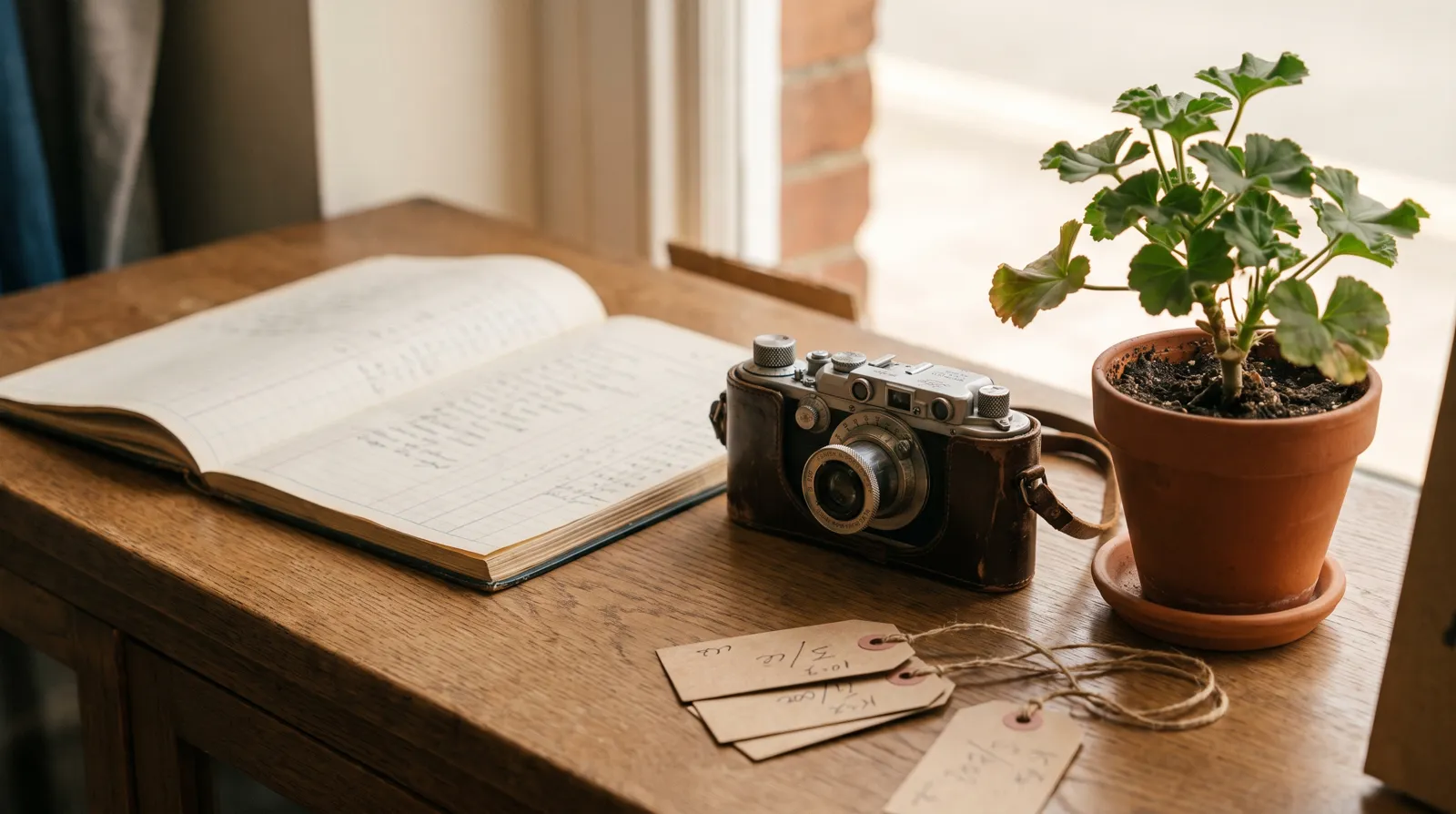 A shop counter still life: ledger, camera, price tags — the jobs Vantage carries